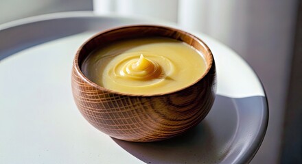 Natural Golden Balm in Rustic Wooden Bowl on Ceramic Tile