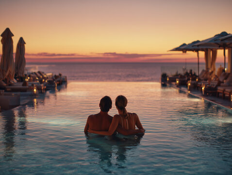 Romantic Couple Embracing in Infinity Pool at Sunset