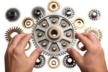 Hands holding gears and cogs isolated on transparent background