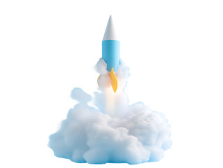 3D Of Cartoon Rocket Launching from Clouds on Transparent Background