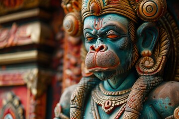 Obraz premium Vibrant, ornate statue of hanuman, the hindu monkey god, stands guard at a temple entrance, a symbol of devotion and protection