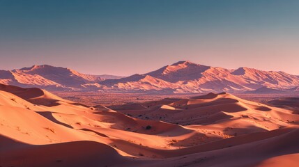 Fototapeta premium Sunset Over Rolling Sand Dunes and Distant Mountains