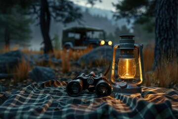 Oil Lamp and Binoculars Over Camping Table in the Forest with Offroad Vehicle in the Background