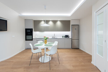 Modern Home Minimalist Kitchen with Dining Table and Wooden Flooring