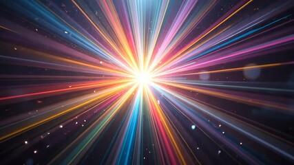 Colorful vibrant light rays burst from center on dark background creating dynamic energy effect. Concept of explosion and motion - Powered by Adobe
