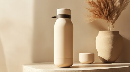 Beige water bottle and small cup on a table with pampas grass in a vase.