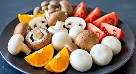 Wholesome Mushrooms Tomato Orange Slices on Dark Dish