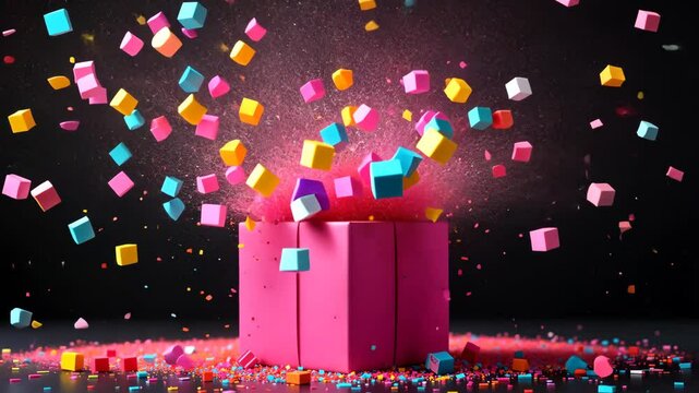 Pink gift box with colorful cubes flying out on glitter background with confetti sparkles. Concept of celebration and surprise