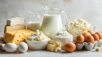 A selection of fresh dairy items including milk, cottage cheese, mozzarella, butter, yogurt, and eggs arranged on a light-toned background