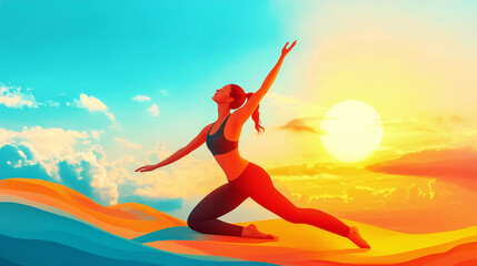 AI Generated Sunset Yoga: Woman in Serene Pose on Vibrant, Abstract Landscape.  Find inner peace with this stunning digital artwork. Perfect for mindfulness, wellness, and yoga themes.