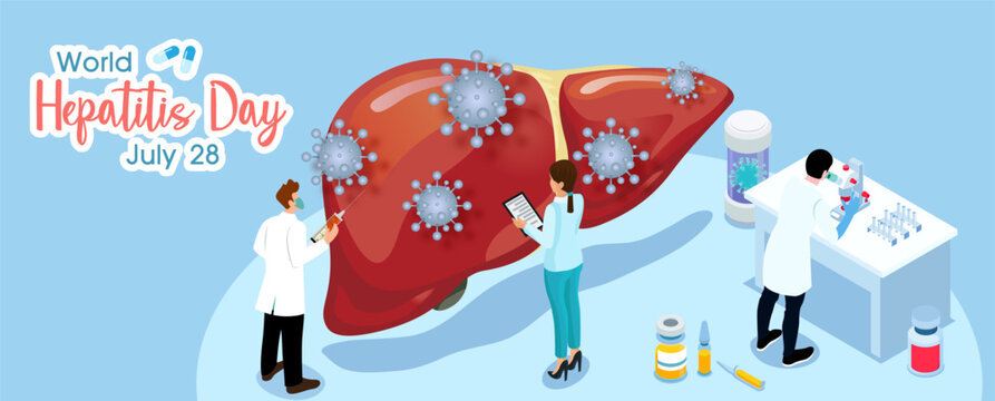 Concept of hepatitis A, B, C, D, and world hepatitis day campaign's poster with doctors treat the liver in cartoon character and flat banner style with vector design.