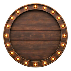 Rustic wooden circle frame with marquee lights isolated on transparent background