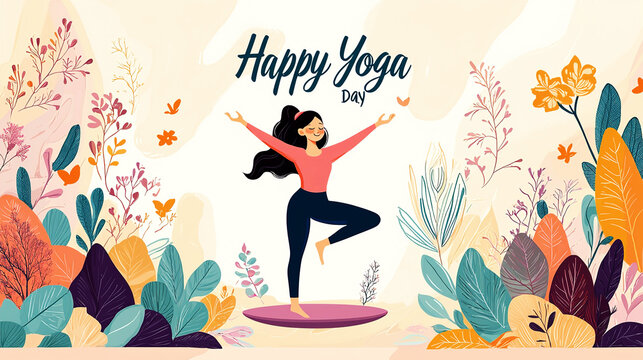 AI Generated Happy Yoga Day Illustration: Woman in Tree Pose Amidst Vibrant Floral Garden, Celebrating International Yoga Day with a Serene and Colorful Design.