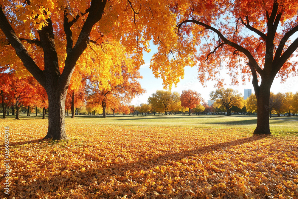 Poster sunlight filters through vibrant autumn trees in tranquil forest