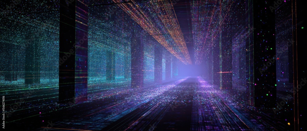 Poster glowing particle corridor futuristic digital art abstract background
