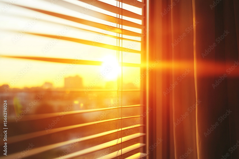 Poster sunlight filtering through blinds creates beautiful striped patterns