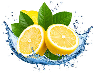 Half-Sliced Lemons and Green Leaves Dropping into Water with Big Splash, isolated on transparent background.