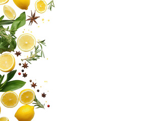 Fresh lemons and herbs arranged on the left side against a black background creating a border design on white background