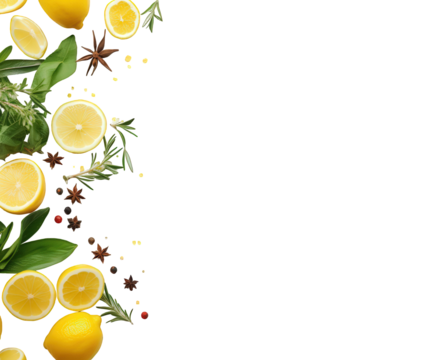 Fresh lemons and herbs arranged on the left side against a black background creating a border design on white background