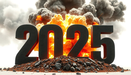 The year 2025 rendered in dark numerals, situated atop a pile of rubble, with a fiery explosion behind.