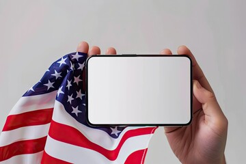 High Definition Image of Unrecognizable Woman Holding American Flag and Mobile Phone