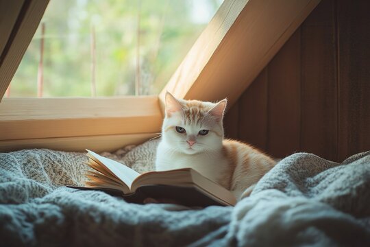 A light orange tabby cat sits on a cozy blanket next to an open book in a sunlit room with wooden walls and a window