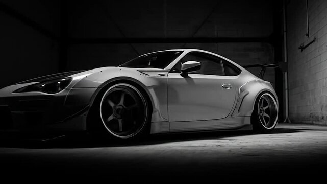 Sleek White Sports Car in Dark Garage, Dramatic Lighting and Custom Modifications