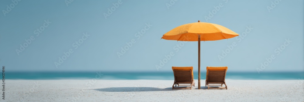 Poster two empty beach chairs sit under a yellow beach umbrella on a pristine sandy beach, inviting relaxat