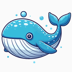 Fototapeta premium Digitally rendered, charming cartoon illustration of a blue whale with decorative spots and playful bubbles.