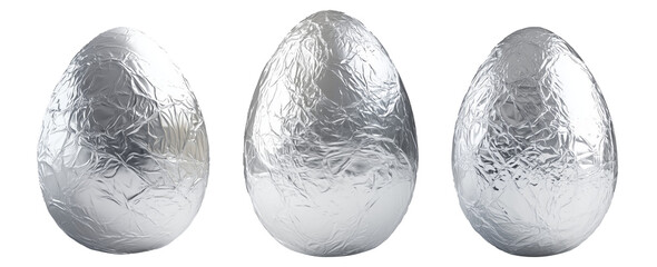 A large chocolate Easter egg wrapped in crinkled silver foil, isolated on white transparent background. The foil texture reflects light, creating a festive look