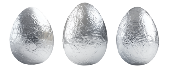 A large chocolate Easter egg wrapped in crinkled silver foil, isolated on white transparent background. The foil texture reflects light, creating a festive look