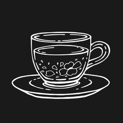 Glass cup of tea, jasmine. Hand drawn vector illustration in outline style.