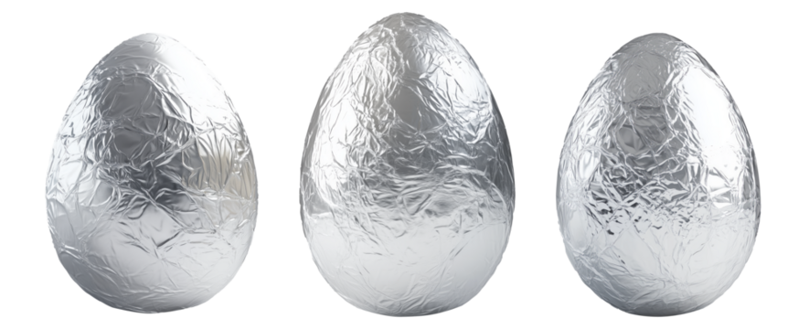A large chocolate Easter egg wrapped in crinkled silver foil, isolated on white transparent background. The foil texture reflects light, creating a festive look