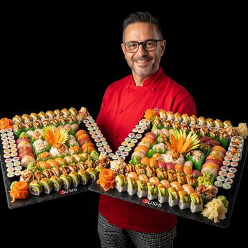 chef holding big sushi platters