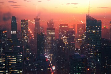High Resolution Visual of City Skyline with Sunset Hues and Office Lights