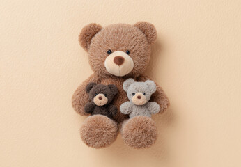 Soft toy bear holding two smaller bears, plush brown bear with cute expression, flat lay on beige background, cozy and heartwarming family concept
