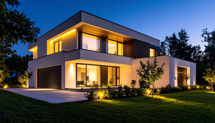 Modern house with big windows illuminating the forest at night
