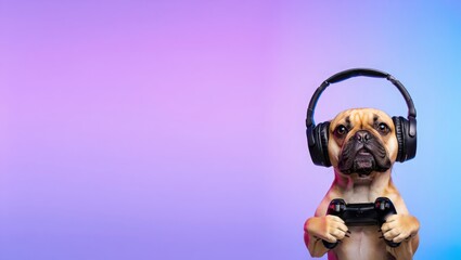 French Bulldog Wearing Headphones Playing Video Games in Colorful Setting