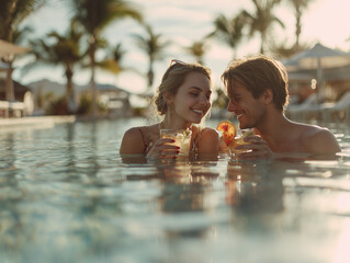 Romantic Couple Relaxing in Luxury Pool, Tropical Getaway