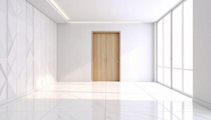 A wooden door slightly ajar in a minimalist white room with large windows, two green potted plants on either side, bright natural light, and modern interior design.