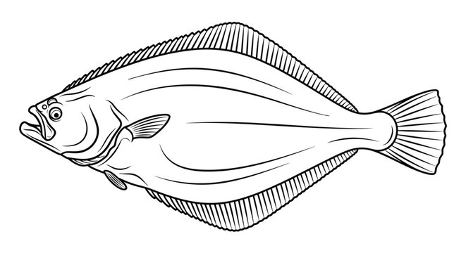 Halibut fish illustration with detailed lines and unique shape in black and white