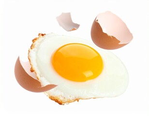 Floating Fried Egg with Yolk and Shell Fragments isolated on white background
