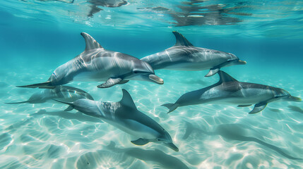 Obraz premium Four dolphins swimming in clear shallow ocean water Sunlight illuminates the sandy seabed