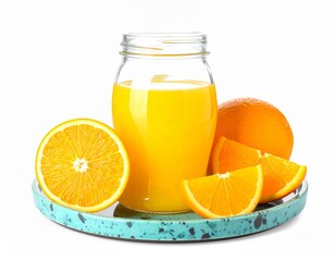 Glass Jar of Yellow Liquid on Teal Terrazzo Plate with Oranges isolated on white background

