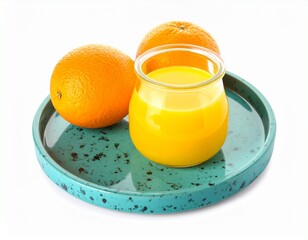 Glass Jar of Yellow Liquid on Teal Terrazzo Plate with Oranges isolated 
