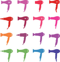 Colorful Hair Dryers Vector Illustration Set, Diverse Professional and Home Use Appliances, Essential Styling Tools for Hair Care and Beauty Concepts.