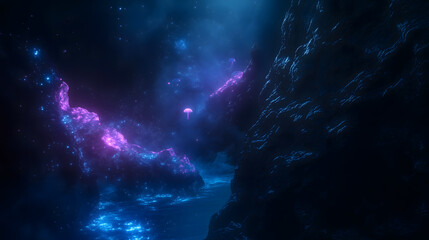 Obraz premium Glowing bioluminescent rocks and jellyfish in a dark underwater alien landscape