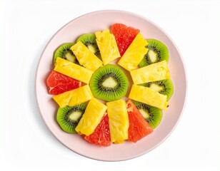 Colorful Sliced Fruits pineapple kiwi on Pastel Plate Flatlay isolated on white background
