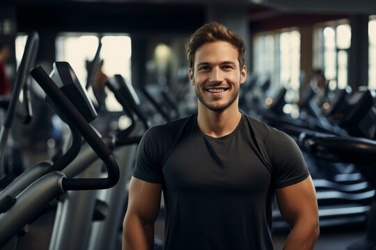 Portrait of a muscular personal trainer smiling in a modern fitness center with elliptical machines