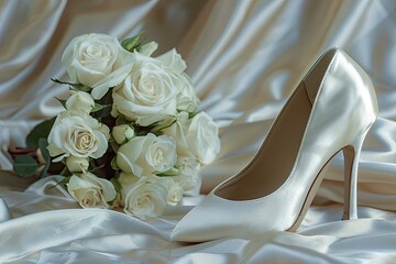 Elegant Bridal Wedding Shoes with White Rose Bouquet on Satin Background